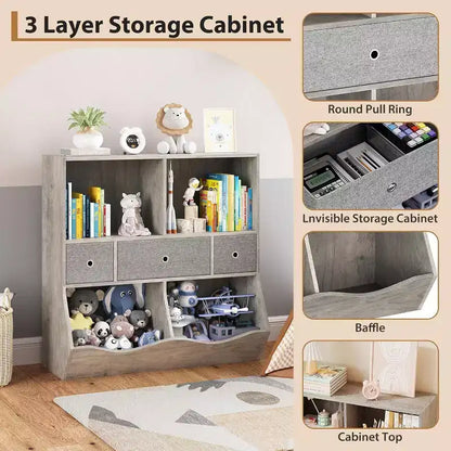 Organizzatore portagiochi per bambini a 7 scomparti con cassetti, libreria a 3 ripiani, grigio