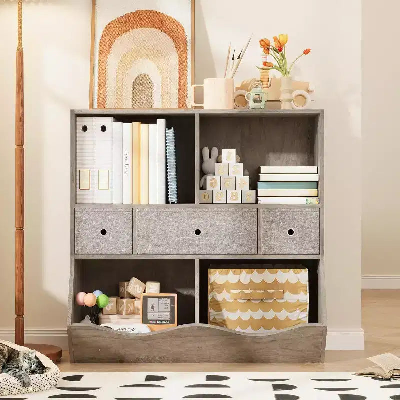 Organizzatore portagiochi per bambini a 7 scomparti con cassetti, libreria a 3 ripiani, grigio