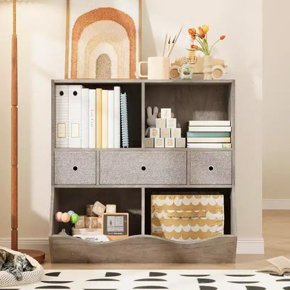 Organizzatore portagiochi per bambini a 7 scomparti con cassetti, libreria a 3 ripiani, grigio