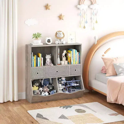 Organizzatore portagiochi per bambini a 7 scomparti con cassetti, libreria a 3 ripiani, grigio
