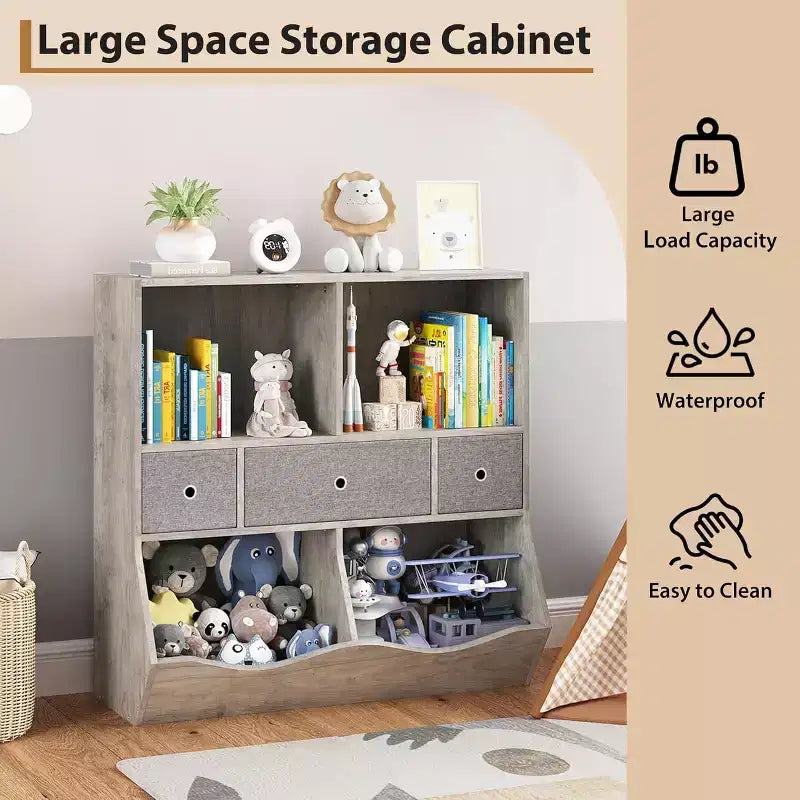 Organizzatore portagiochi per bambini a 7 scomparti con cassetti, libreria a 3 ripiani, grigio