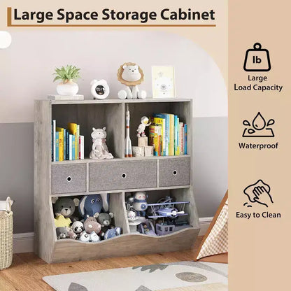Organizzatore portagiochi per bambini a 7 scomparti con cassetti, libreria a 3 ripiani, grigio