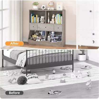 Organizzatore portagiochi per bambini a 7 scomparti con cassetti, libreria a 3 ripiani, grigio