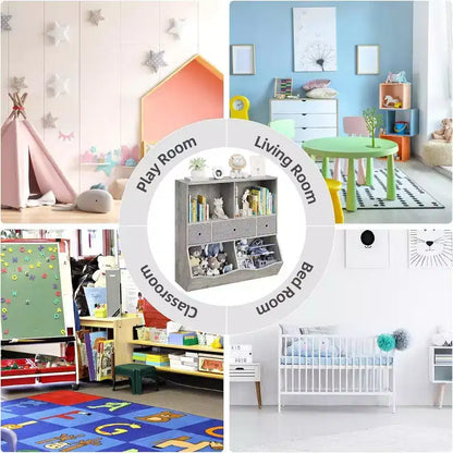 Organizzatore portagiochi per bambini a 7 scomparti con cassetti, libreria a 3 ripiani, grigio