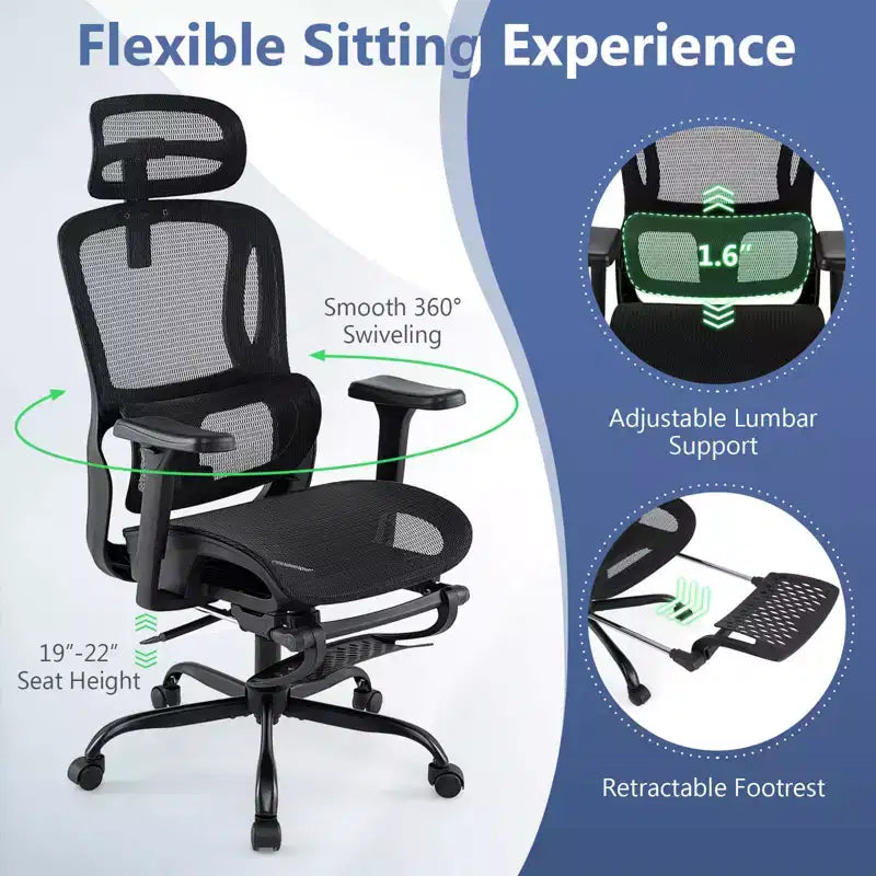 Sedia da Ufficio Ergonomica con Poggiatesta Girevole e Supporto Lombare Regolabile