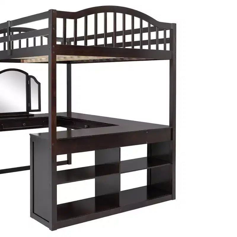 Letto a soppalco matrimoniale in legno con scrivania integrata a U, specchiera e mensole portaoggetti