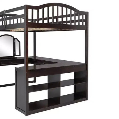 Letto a soppalco matrimoniale in legno con scrivania integrata a U, specchiera e mensole portaoggetti