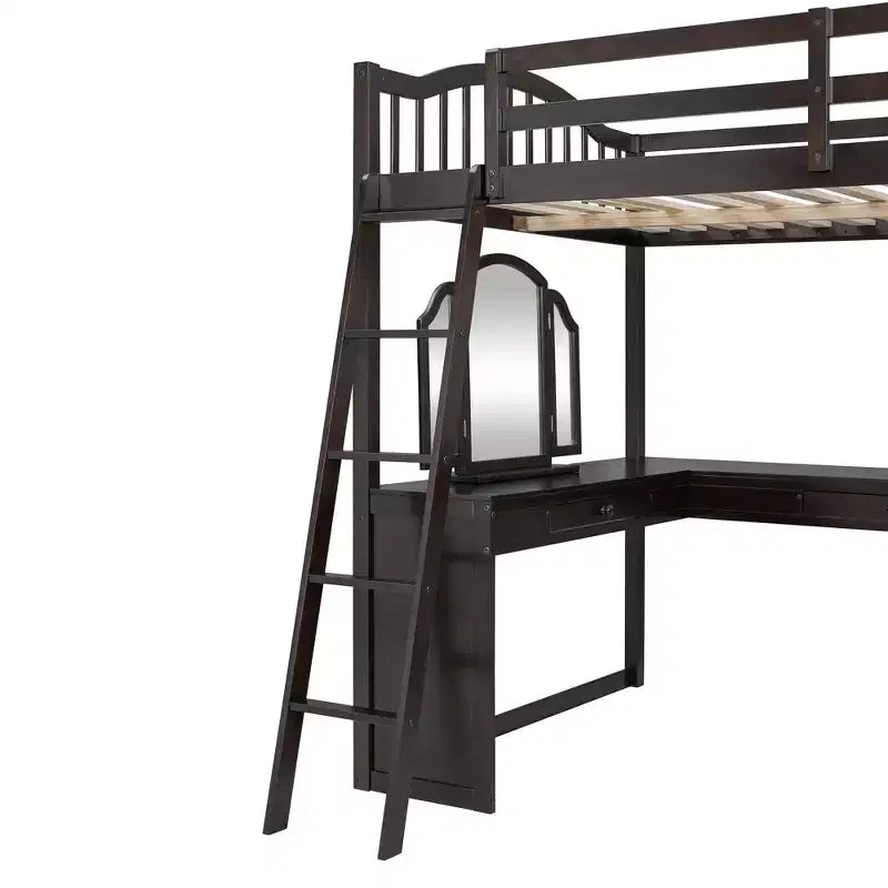 Letto a soppalco matrimoniale in legno con scrivania integrata a U, specchiera e mensole portaoggetti