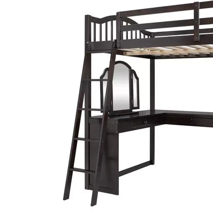 Letto a soppalco matrimoniale in legno con scrivania integrata a U, specchiera e mensole portaoggetti