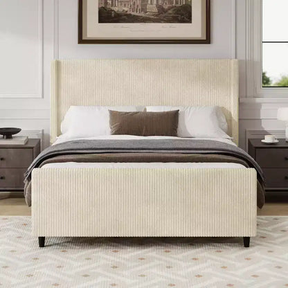 Struttura letto in velluto a coste con testiera a giorno, color crema
