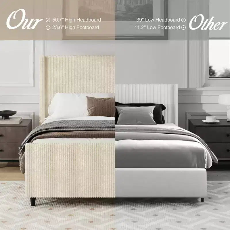 Struttura letto in velluto a coste con testiera a giorno, color crema