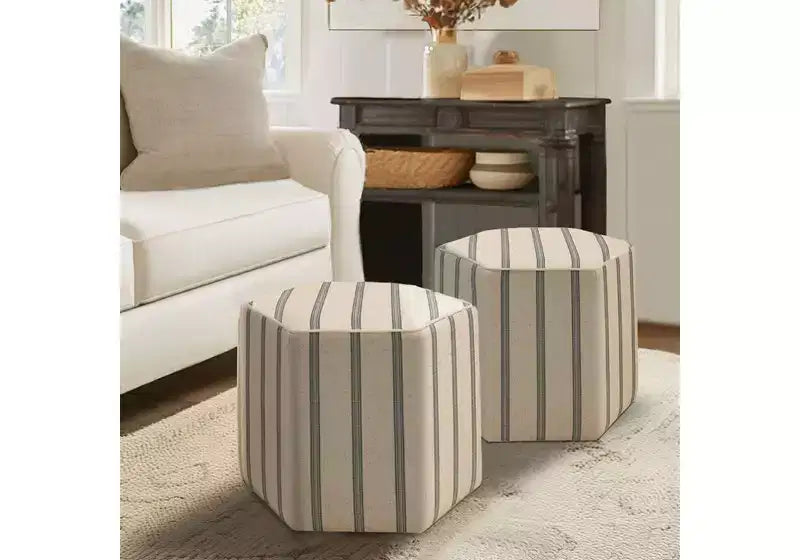 Pouf esagonale imbottito stile rustico con stampa a righe