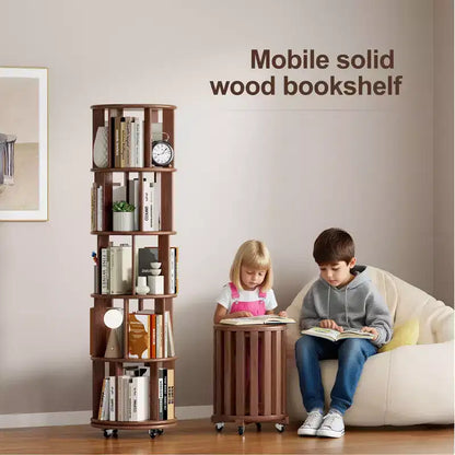 Libreria Girevole a 360° con Ruote, Scaffale Stretto a 5 Livelli in Legno Massello, Noce
