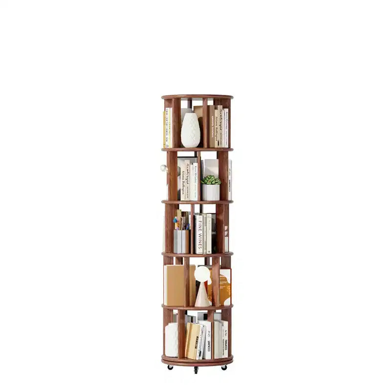 Libreria Girevole a 360° con Ruote, Scaffale Stretto a 5 Livelli in Legno Massello, Noce