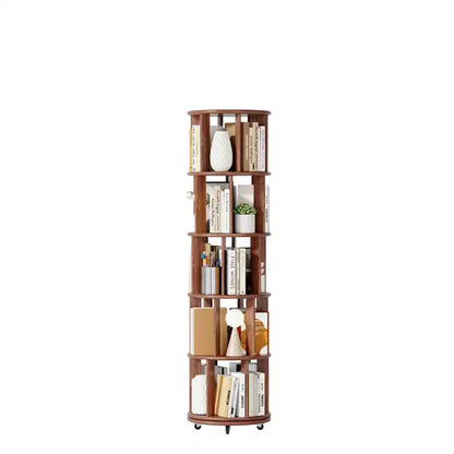 Libreria Girevole a 360° con Ruote, Scaffale Stretto a 5 Livelli in Legno Massello, Noce