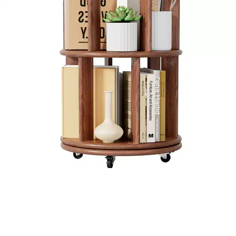 Libreria Girevole a 360° con Ruote, Scaffale Stretto a 5 Livelli in Legno Massello, Noce