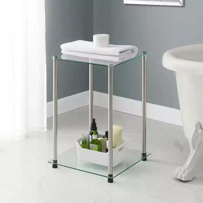 HomeStock Belmont Glass 2 Tier Square End Table, Modern Accent Side Table with Tempered Glass Shelves and Stainless Steel Frame