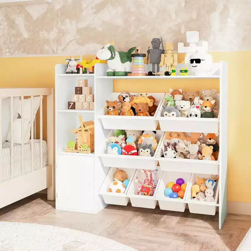 Organizzatore portaoggetti per giocattoli per bambini con 8 contenitori rimovibili e 3 ripiani aperti