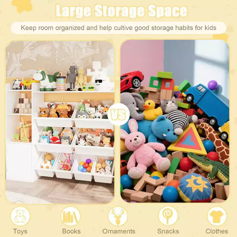 Organizzatore portaoggetti per giocattoli per bambini con 8 contenitori rimovibili e 3 ripiani aperti