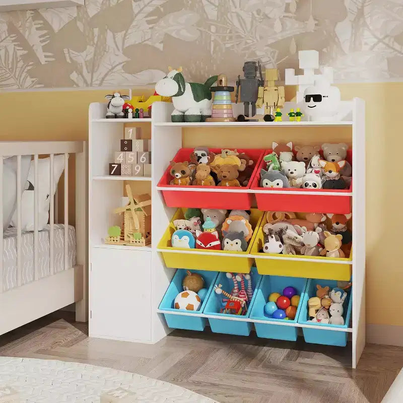 Organizzatore portaoggetti per giocattoli per bambini con 8 contenitori rimovibili e 3 ripiani aperti