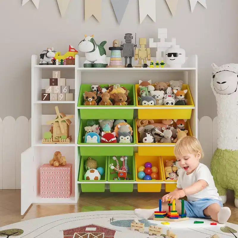 Organizzatore portaoggetti per giocattoli per bambini con 8 contenitori rimovibili e 3 ripiani aperti