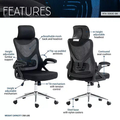 Sedia da ufficio ergonomica in rete con poggiatesta regolabile e base cromata