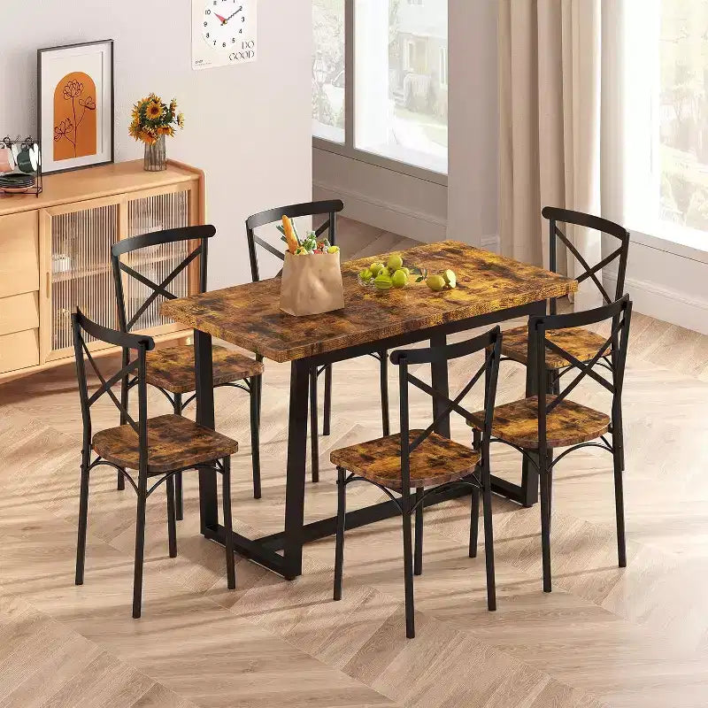 Tavolo da pranzo con 6 sedie, struttura in ferro e sedute in MDF