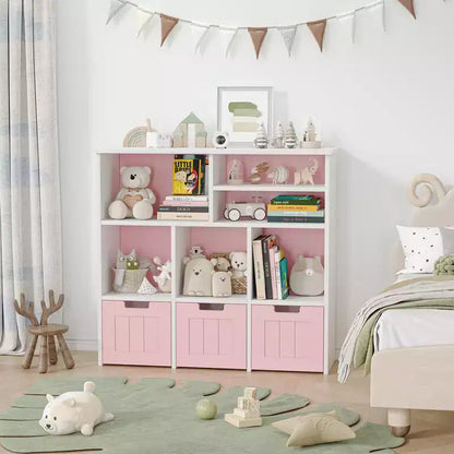 Kids Bookshelf Bookcase with 3 Movable Drawers & 6 Cubes for Toy Storage Organizer White