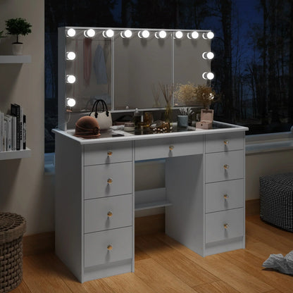 Comò per trucco con specchio a tre ante, illuminazione certificata e piano in vetro