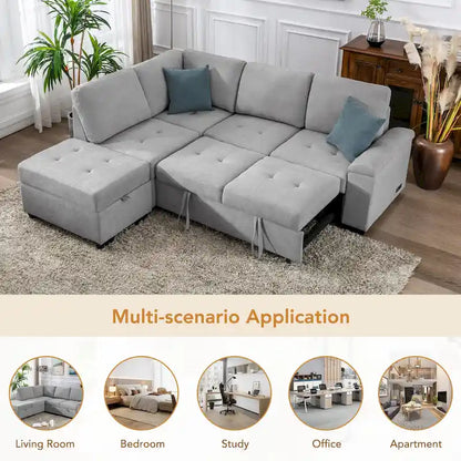 Canapé d'angle convertible 5 places en L 84,75 po avec pouf de rangement, rangement de bras dissimulé et chargement USB pour salon