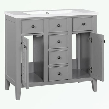 Mobile bagno con lavabo in ceramica, due ante e cinque cassetti