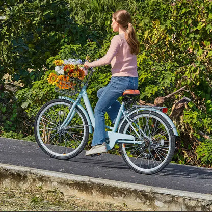 VEVOR Cruiser Bike, 7 velocità, Bici Cruiser da Spiaggia 26 Pollici Azzurro con Cestino Grande Capacità e Portapacchi Posteriore, Bici Cruiser Sicura e Robusta, Azzurro