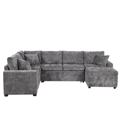Divano sezionale in ciniglia con letto estraibile, divano letto a L con pouf contenitore, 3 cuscini e dispositivi di ricarica
