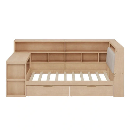 Divano Letto a "L" in Legno con Scrivania, Mobile Libreria, Letto Angolare con Cassetti Sottostanti, Testiera Imbottita con Luce Integrata