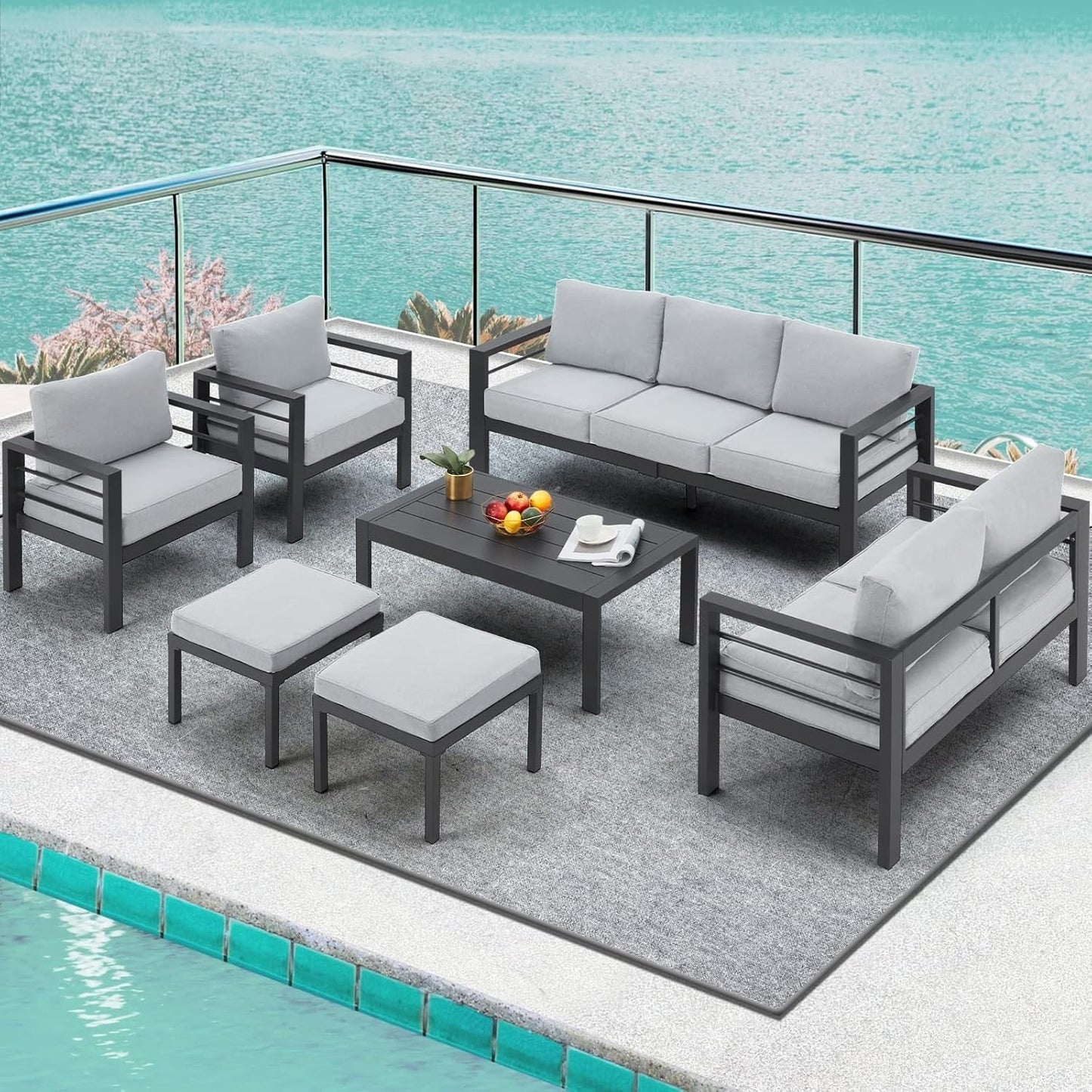 AECOJOY Set di mobili da giardino a 7 pezzi in alluminio Set da conversazione per esterni