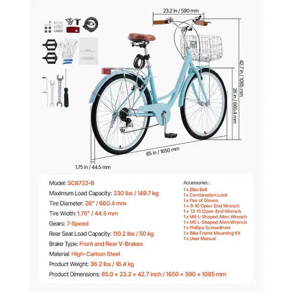 VEVOR Cruiser Bike, 7 velocità, Bici Cruiser da Spiaggia 26 Pollici Azzurro con Cestino Grande Capacità e Portapacchi Posteriore, Bici Cruiser Sicura e Robusta, Azzurro