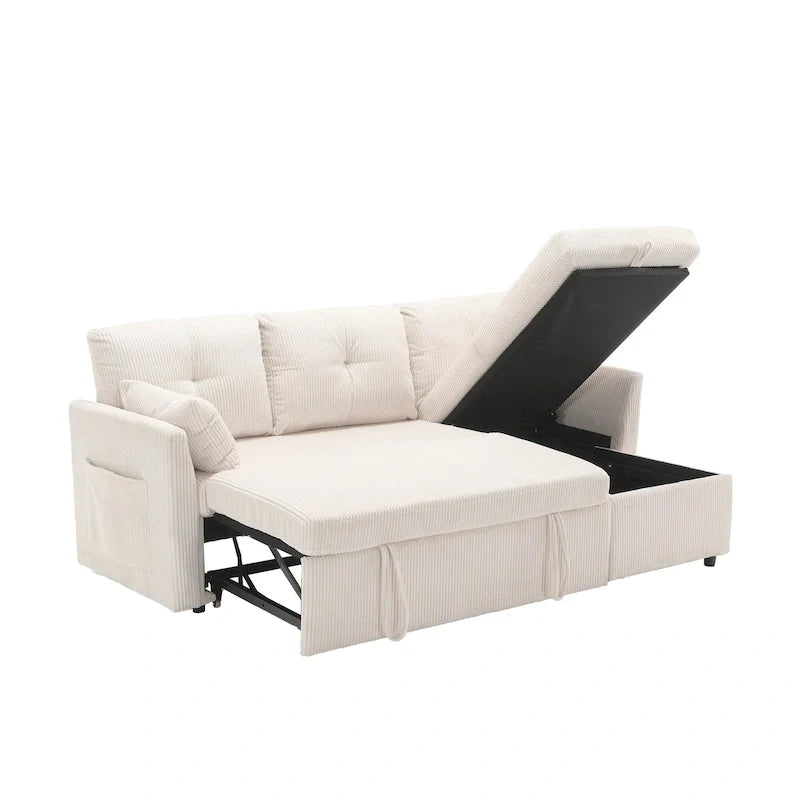 Canapé d'angle réversible en velours côtelé/chenille avec chaise longue de rangement et poche latérale