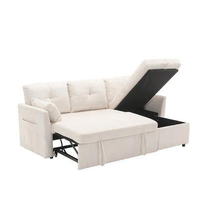 Canapé d'angle réversible en velours côtelé/chenille avec chaise longue de rangement et poche latérale