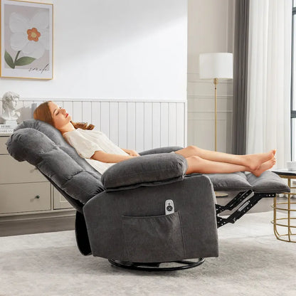 Poltrona reclinabile oversize grigia con calore e massaggio, reclinazione a 150°, oscillazione a 30°, ricarica USB e 2 portabicchieri