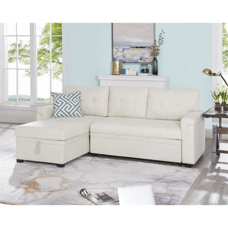 Divano componibile convertibile reversibile con letto estraibile, chaise longue con contenitore nascosto e gambe durevoli