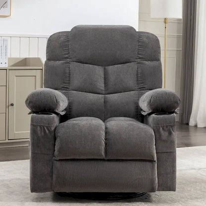 Poltrona reclinabile oversize grigia con calore e massaggio, reclinazione a 150°, oscillazione a 30°, ricarica USB e 2 portabicchieri