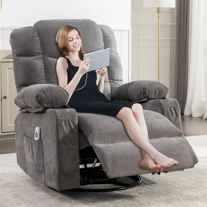 Poltrona reclinabile oversize grigia con calore e massaggio, reclinazione a 150°, oscillazione a 30°, ricarica USB e 2 portabicchieri