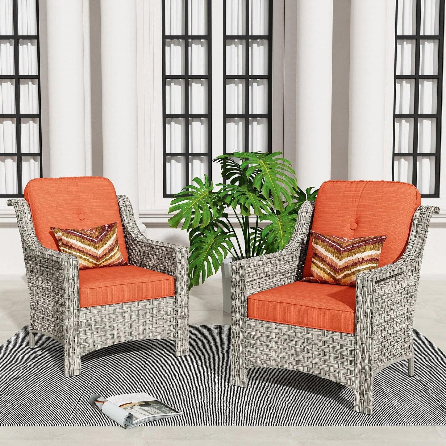 HOOOWOOO, Set di 2 Sedie da Esterno in Rattan Intrecciato con Schienale Alto