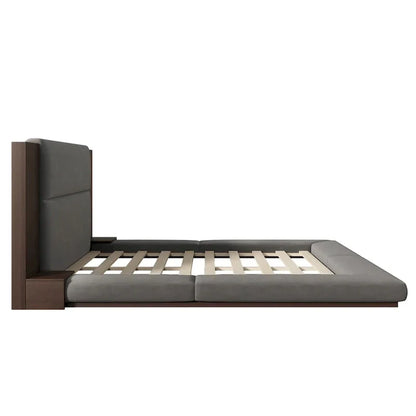 Letto imbottito King Gray Floor a basso profilo con testiera estesa in legno, mensole comodino integrate