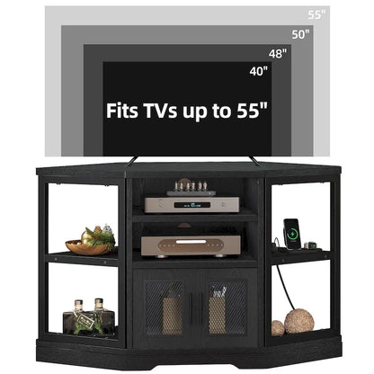 Mobile TV ad angolo in stile rustico con presa di corrente, per TV fino a 55 pollici