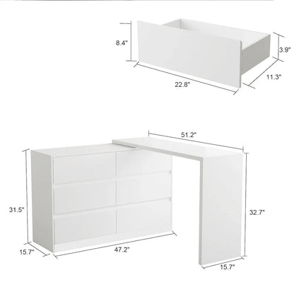 Cassettiera e Scrivania Girevole a 32,7H, con 6 Cassetti, Tavolo da Trucco, Bianco/Nero