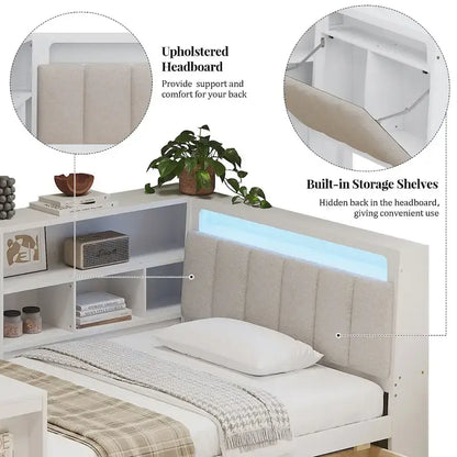 Divano Letto a "L" in Legno con Scrivania, Mobile Libreria, Letto Angolare con Cassetti Sottostanti, Testiera Imbottita con Luce Integrata
