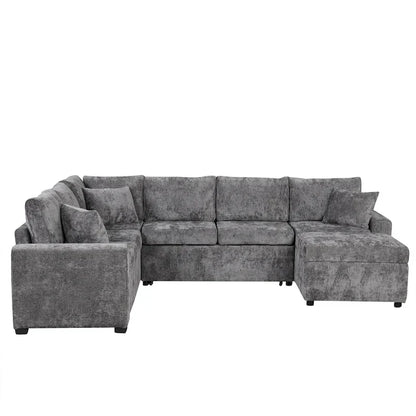 Divano sezionale in ciniglia con letto estraibile, divano letto a L con pouf contenitore, 3 cuscini e dispositivi di ricarica