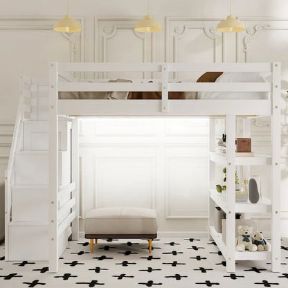 Letto a soppalco singolo/matrimoniale con scala contenitore - Ripiani, armadio e luce LED, design salvaspazio
