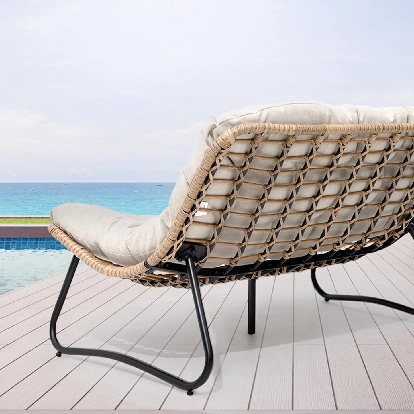 Divanetto due posti Double Papasan con cuscino, in rattan PE per tutte le stagioni e struttura in metallo per interni ed esterni